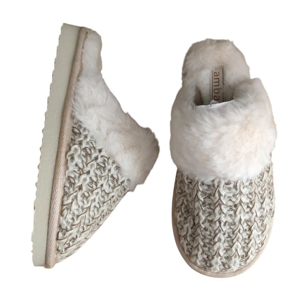 Amba Faux Sherpa Lining White & Gray Knit Slippers 5059283372583 - NEW